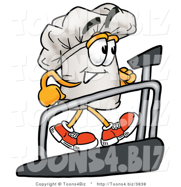 Illustration of a Chef Hat Mascot Walking on a Treadmill in a Fitness Gym
