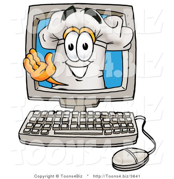 Illustration of a Chef Hat Mascot Waving from Inside a Computer Screen