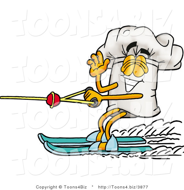 Illustration of a Chef Hat Mascot Waving While Water Skiing