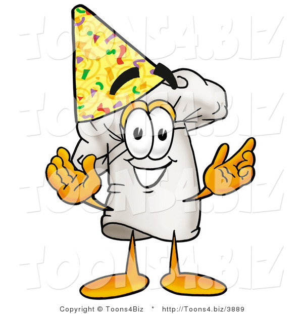 Illustration of a Chef Hat Mascot Wearing a Birthday Party Hat