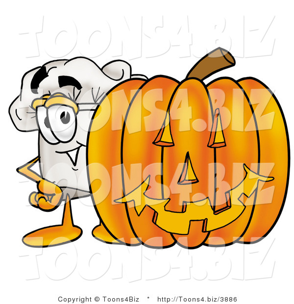 Illustration of a Chef Hat Mascot with a Carved Halloween Pumpkin