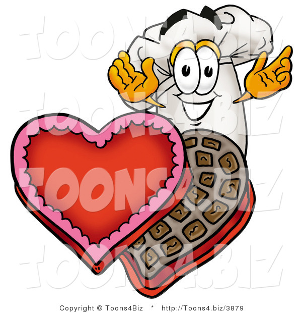 Illustration of a Chef Hat Mascot with an Open Box of Valentines Day Chocolate Candies