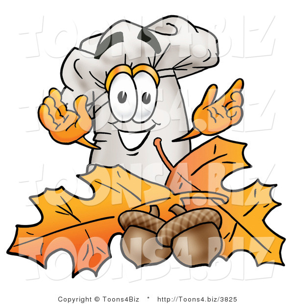 Illustration of a Chef Hat Mascot with Autumn Leaves and Acorns in the Fall