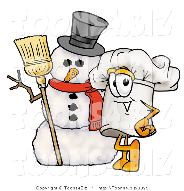 Illustration of a Chef Hat Mascot with Three Snowflakes in Winter