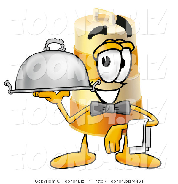 Illustration of a Construction Safety Barrel Mascot Dressed As a Waiter and Holding a Serving Platter