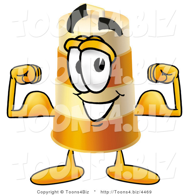 Illustration of a Construction Safety Barrel Mascot Flexing His Arm Muscles