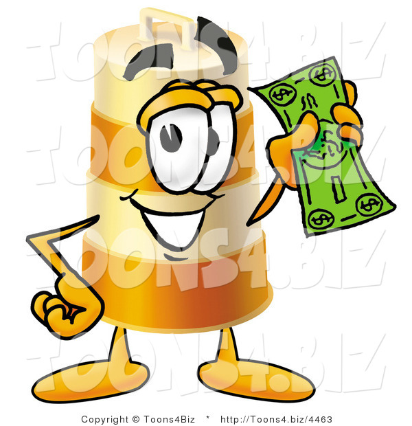 Illustration of a Construction Safety Barrel Mascot Holding a Dollar Bill