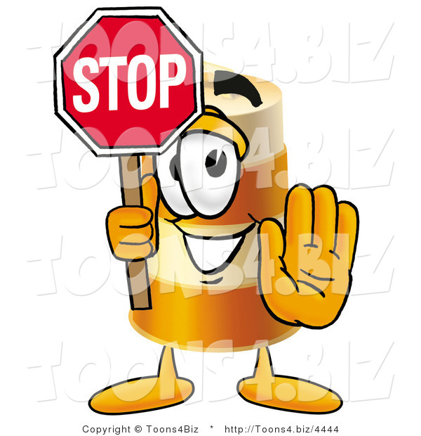 Illustration of a Construction Safety Barrel Mascot Holding a Stop Sign