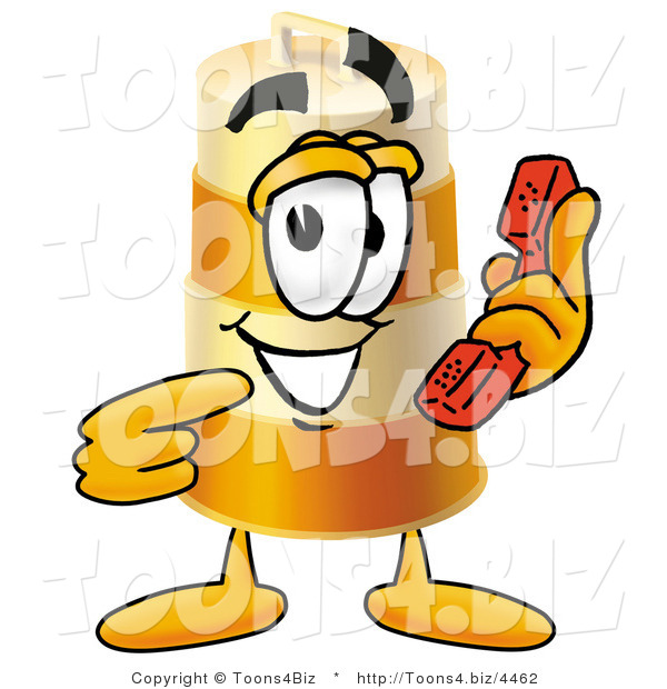 Illustration of a Construction Safety Barrel Mascot Holding a Telephone