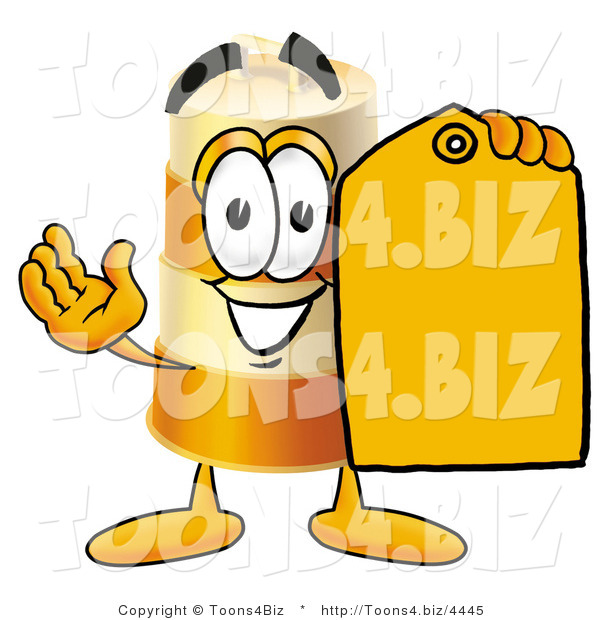 Illustration of a Construction Safety Barrel Mascot Holding a Yellow Sales Price Tag