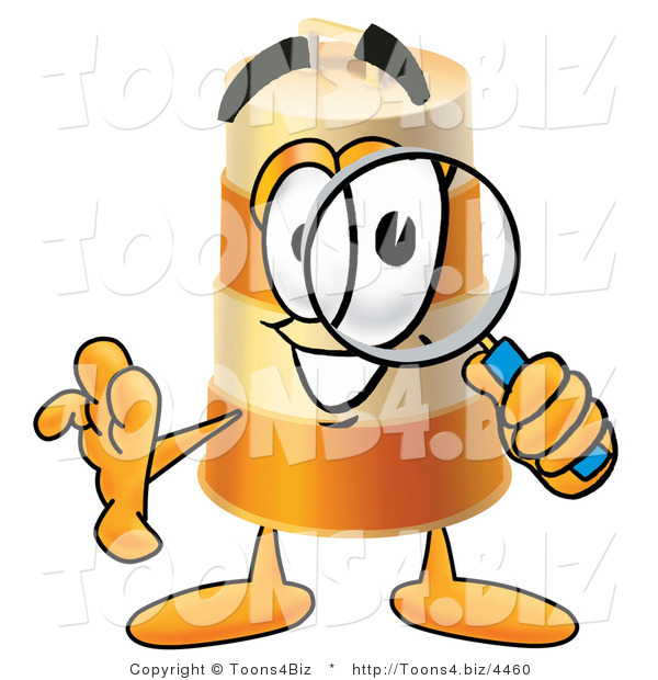 Illustration of a Construction Safety Barrel Mascot Looking Through a Magnifying Glass