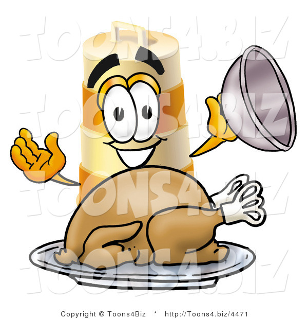 Illustration of a Construction Safety Barrel Mascot Serving a Thanksgiving Turkey on a Platter