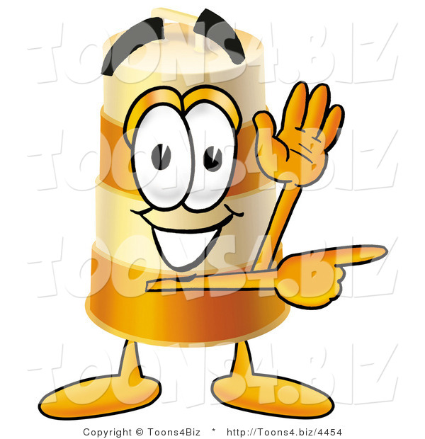Illustration of a Construction Safety Barrel Mascot Waving and Pointing