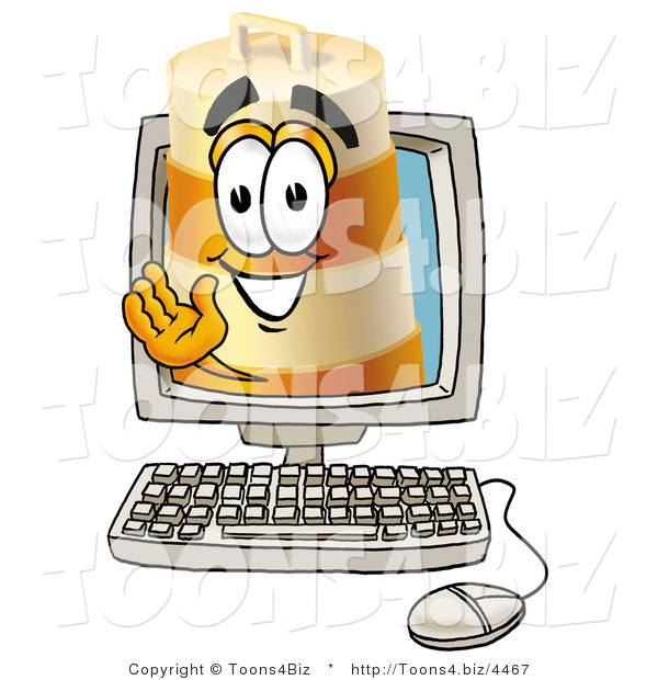 Illustration of a Construction Safety Barrel Mascot Waving from Inside a Computer Screen