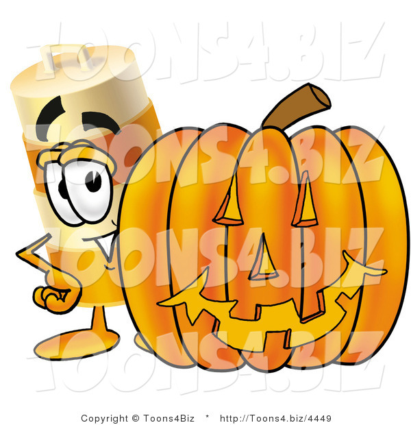 Illustration of a Construction Safety Barrel Mascot with a Carved Halloween Pumpkin
