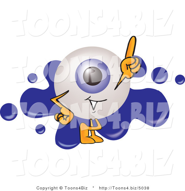 Illustration of a Eyeball Mascot Pointing Upwards and Standing in Front of a Blue Paint Splatter on a Logo