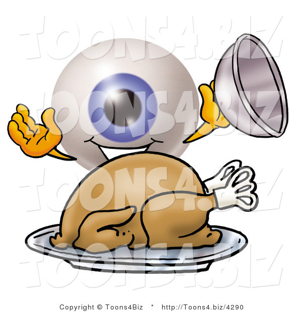 Illustration of a Eyeball Mascot Serving a Thanksgiving Turkey on a Platter