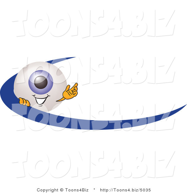 Illustration of a Eyeball Mascot Waving and Standing Behind a Blue Dash on an Employee Nametag or Business Logo