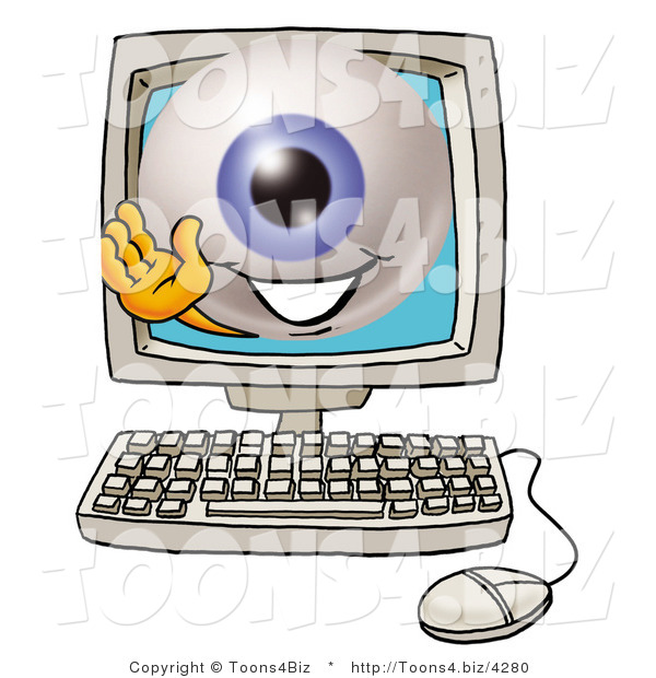 Illustration of a Eyeball Mascot Waving from Inside a Computer Screen