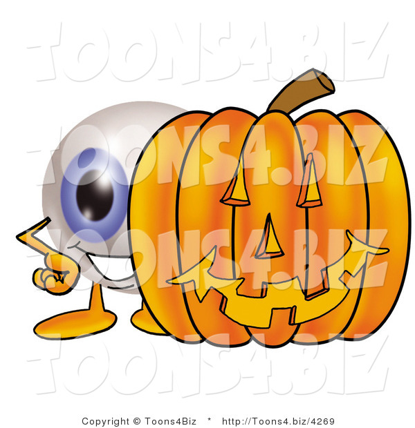 Illustration of a Eyeball Mascot with a Carved Halloween Pumpkin