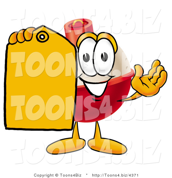 Illustration of a Fishing Bobber Mascot Holding a Yellow Sales Price Tag
