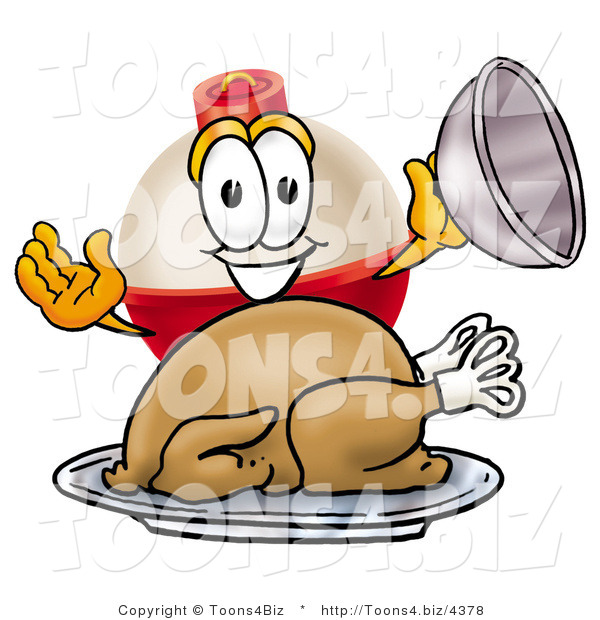 Illustration of a Fishing Bobber Mascot Serving a Thanksgiving Turkey on a Platter