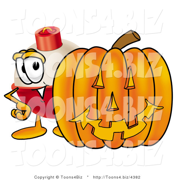 Illustration of a Fishing Bobber Mascot with a Carved Halloween Pumpkin