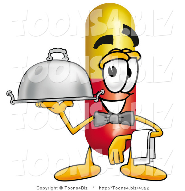 Illustration of a Medical Pill Capsule Mascot Dressed As a Waiter and Holding a Serving Platter