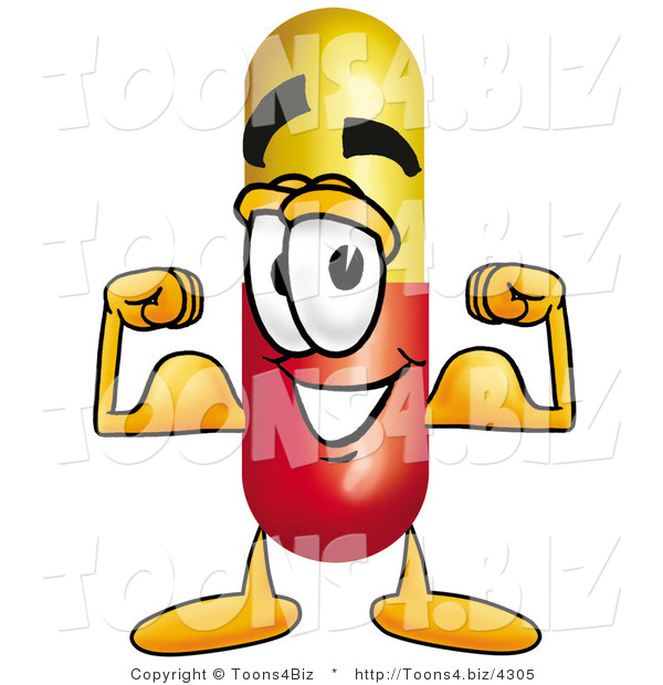 Illustration of a Medical Pill Capsule Mascot Flexing His Arm Muscles