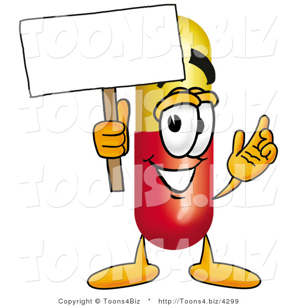 Illustration of a Medical Pill Capsule Mascot Holding a Blank Sign