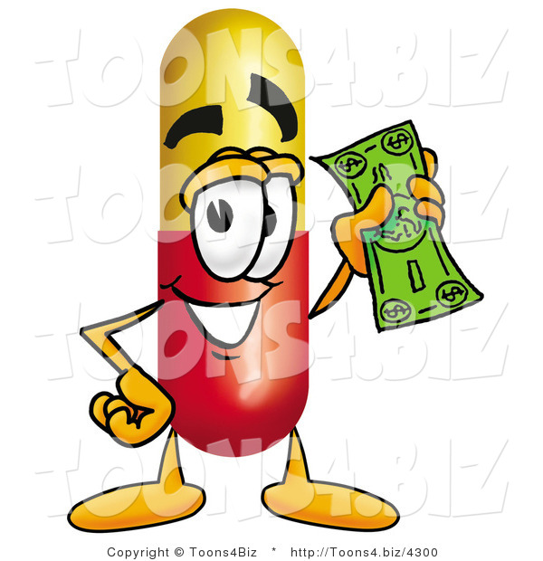 Illustration of a Medical Pill Capsule Mascot Holding a Dollar Bill
