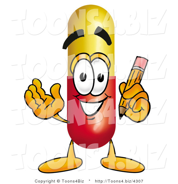 Illustration of a Medical Pill Capsule Mascot Holding a Pencil