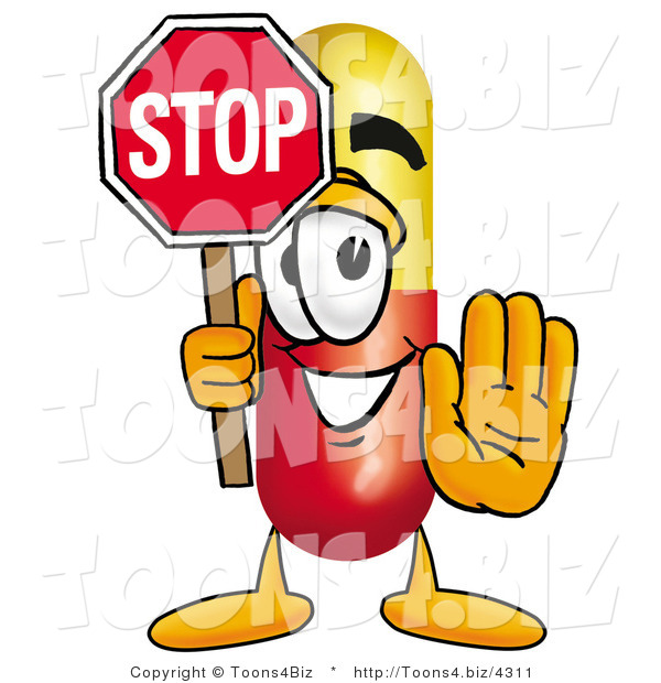Illustration of a Medical Pill Capsule Mascot Holding a Stop Sign