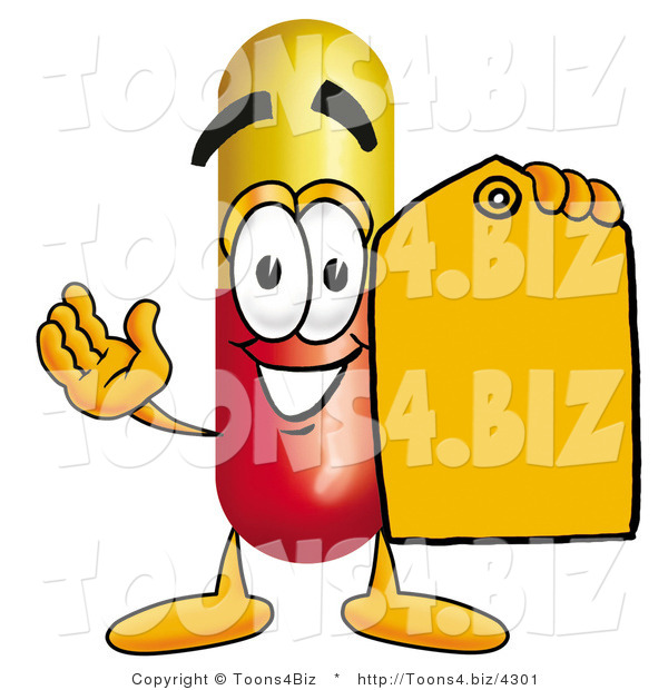 Illustration of a Medical Pill Capsule Mascot Holding an Orange Sales Price Tag