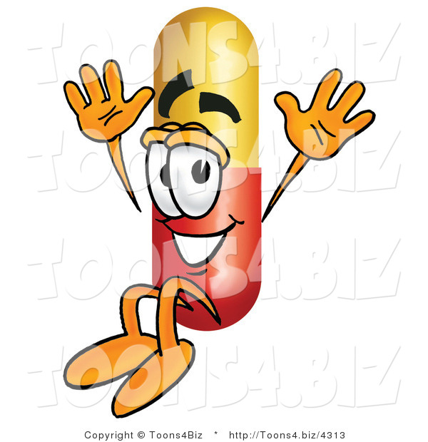 Illustration of a Medical Pill Capsule Mascot Jumping