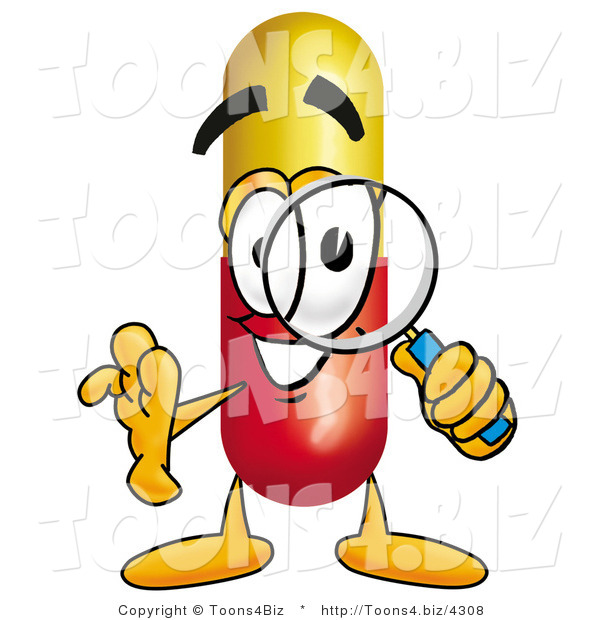 Illustration of a Medical Pill Capsule Mascot Looking Through a Magnifying Glass