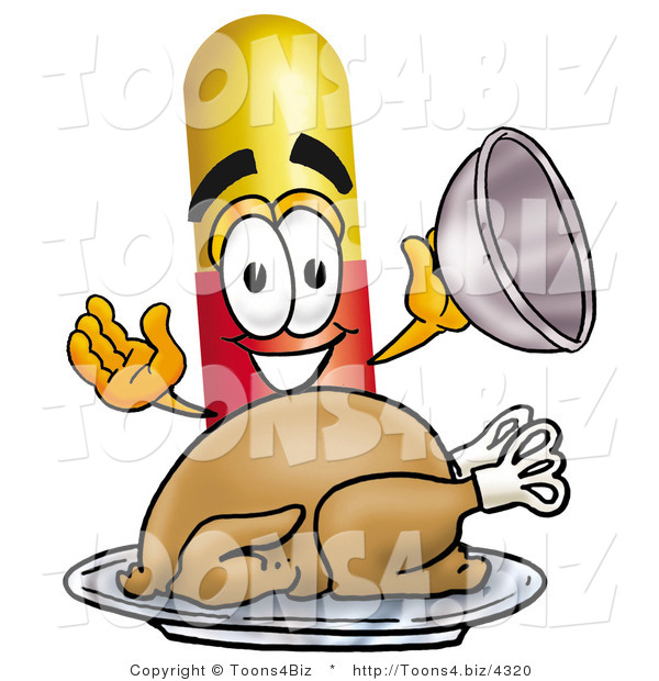 Illustration of a Medical Pill Capsule Mascot Serving a Thanksgiving Turkey on a Platter