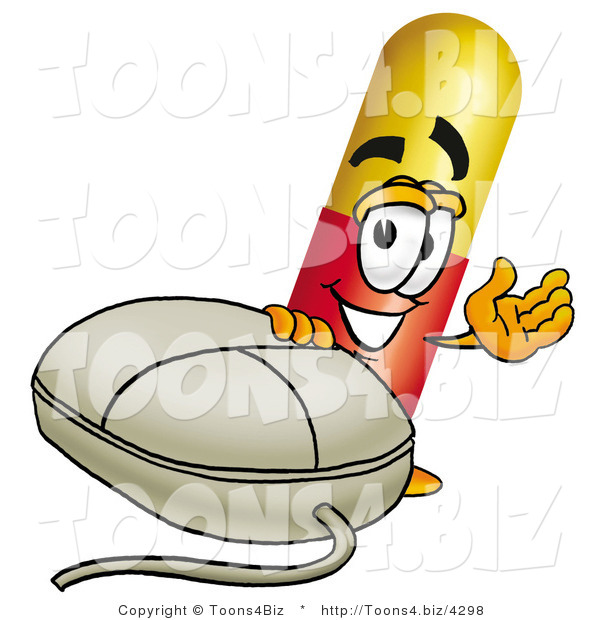 Illustration of a Medical Pill Capsule Mascot with a Computer Mouse