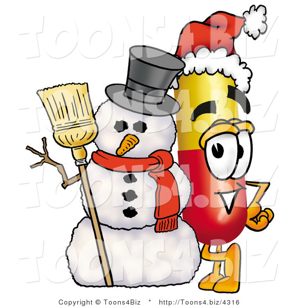 Illustration of a Medical Pill Capsule Mascot with a Snowman on Christmas