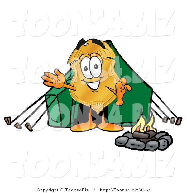 Illustration of a Police Badge Mascot Camping with a Tent and Fire