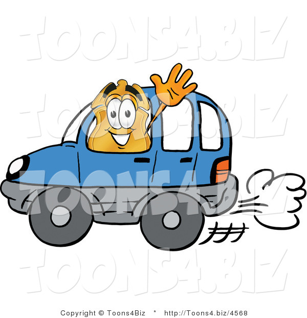 Illustration of a Police Badge Mascot Driving a Blue Car and Waving