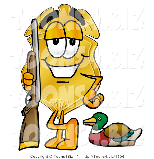 Illustration of a Police Badge Mascot Duck Hunting, Standing with a Rifle and Duck