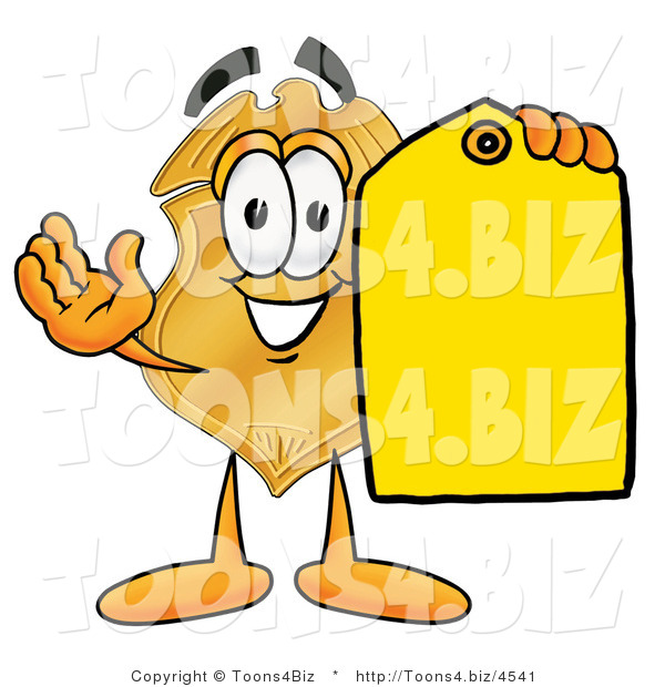 Illustration of a Police Badge Mascot Holding a Blank Yellow Price Tag for a Sale