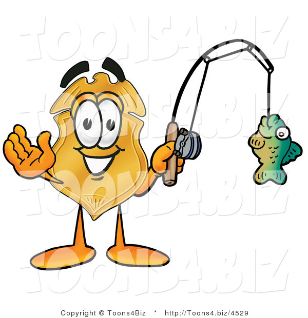 Illustration of a Police Badge Mascot Holding a Fish on a Fishing Pole