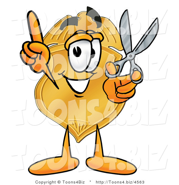 Illustration of a Police Badge Mascot Holding a Pair of Scissors