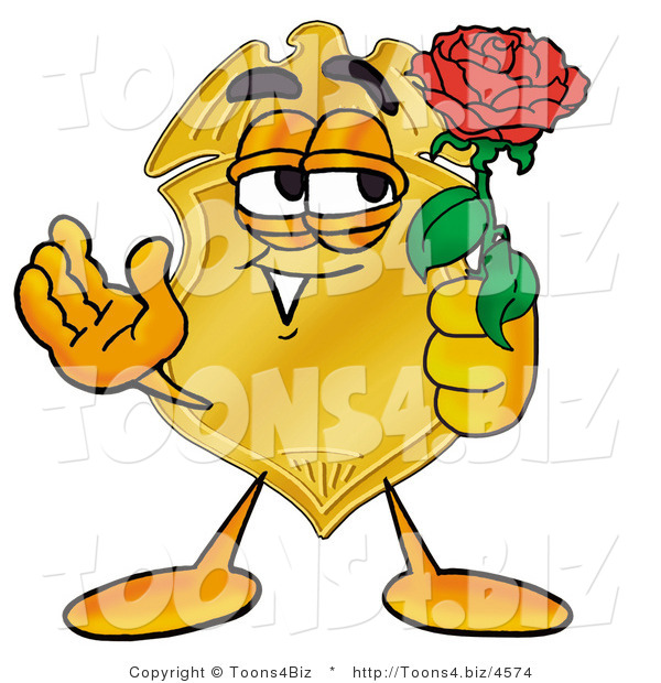 Illustration of a Police Badge Mascot Holding a Red Rose on Valentines Day