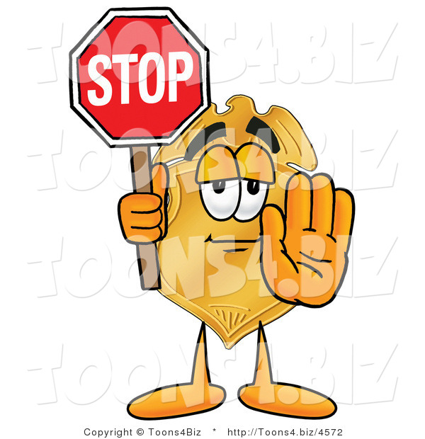 Illustration of a Police Badge Mascot Holding a Stop Sign
