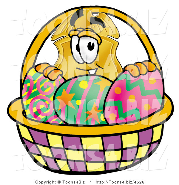 Illustration of a Police Badge Mascot in an Easter Basket Full of Decorated Easter Eggs