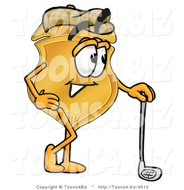 Illustration of a Police Badge Mascot Leaning on a Golf Club While Golfing