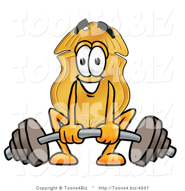 Illustration of a Police Badge Mascot Lifting a Heavy Barbell